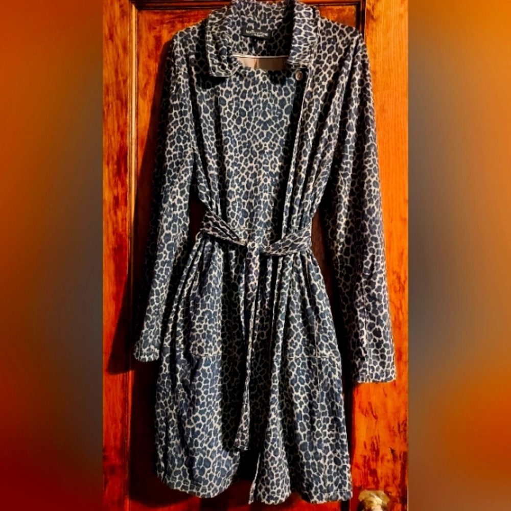 Stylish Blue/gray/blackish Leopard Print Trench Coat